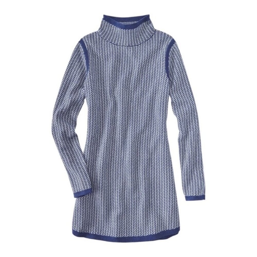 Title Nine Blue and White Patterned Turtleneck Sweater Dress